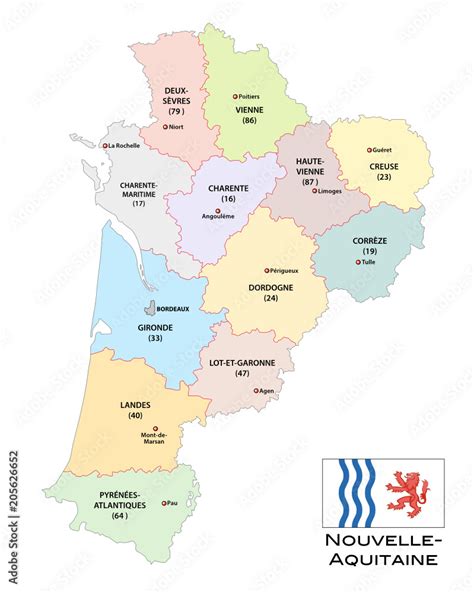 Vecteur Stock administrative and political vector map of the region Nouvelle-Aquitaine with flag ...