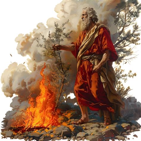 Moses by the burning bush at mount horeb isolated on white background ...