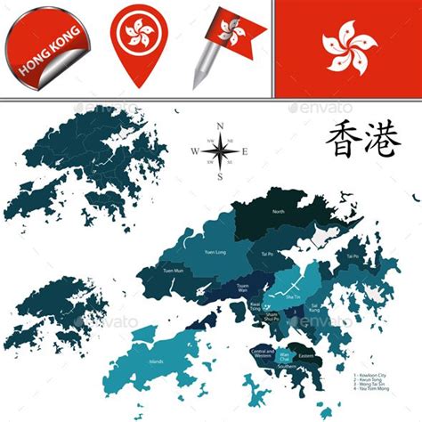 Vector map of Hong Kong with named districts and travel icons. There ...