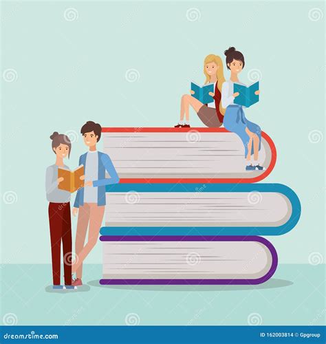 Students Reading Books In Library Cartoon Illustration | CartoonDealer ...