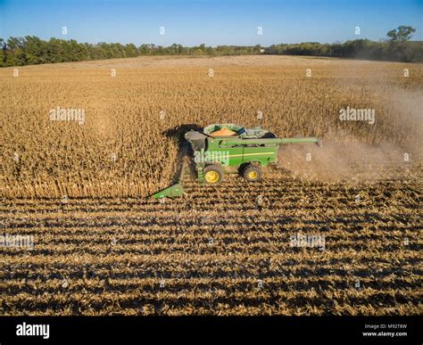 63801-08410 Corn Harvest, John Deere combine harvesting corn - aerial ...