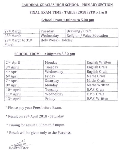 FINAL EXAM TIME TABLE(2018) -PRIMARY SECTION | Cardinal Gracias High School