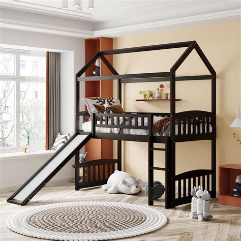 Branax Twin Loft Bed with Slide, House Bed with Slide, Ladder and Full ...