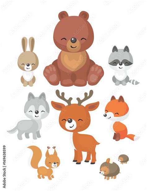 The image of cute forest animals in cartoon style. Children’s illustration. Vector set. Stock ...