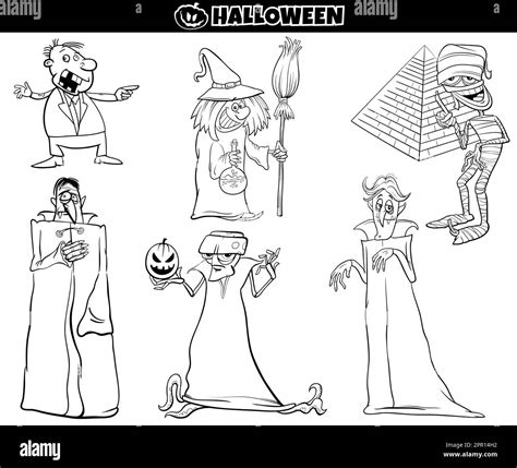 cartoon Halloween holiday characters set coloring page Stock Vector Image & Art - Alamy