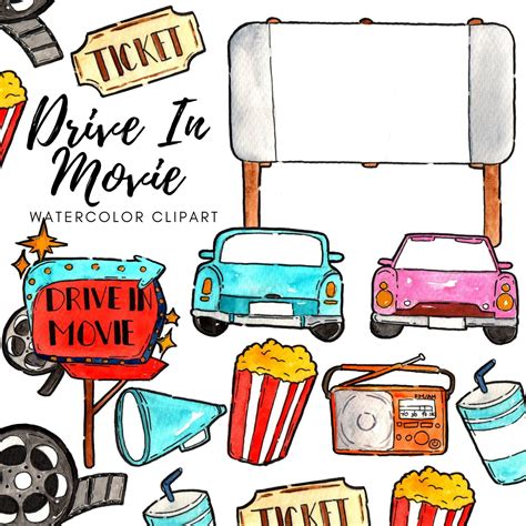 Watercolor Clipart Drive in Movies, Cinema, Vintage, Retro, Movie ...