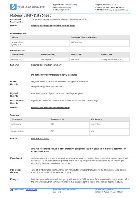 Material Safety Data Sheet Template