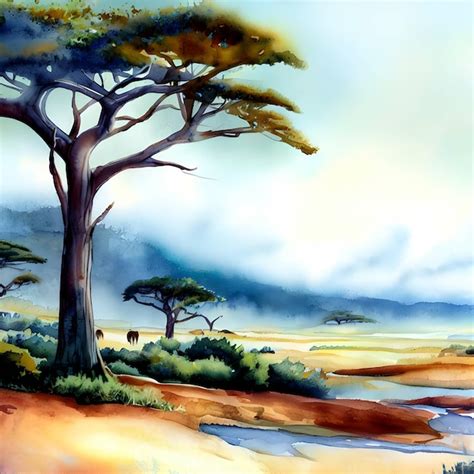 Premium AI Image | African landscape watercolor style