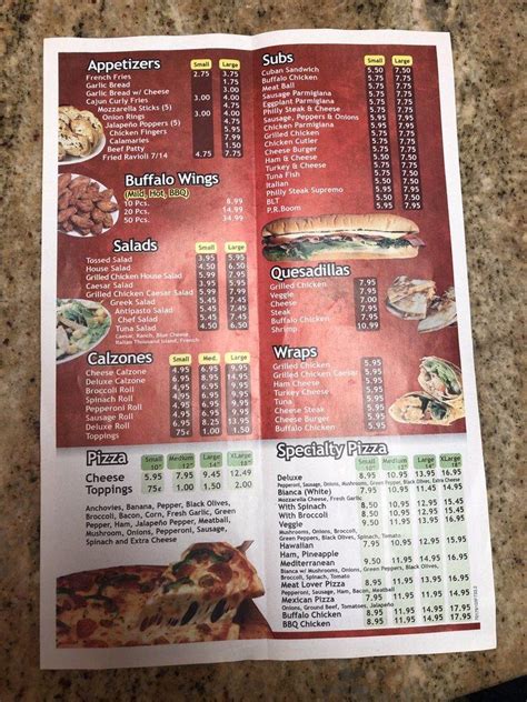 Menu at Palm Riverside Pizzeria, Tampa