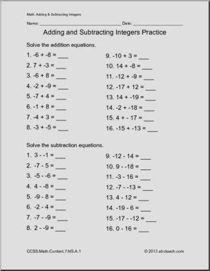 Adding and Subtracting Integers worksheets - Worksheets Library