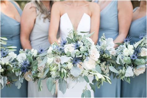 Dusty Blue Bridesmaids Dress and Bouquet | Blue wedding flowers, White bridal bouquet, Green ...