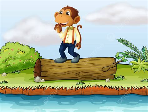 A Monkey Standing On A Log Cartoon Pond Clipart Vector, Cartoon, Pond ...