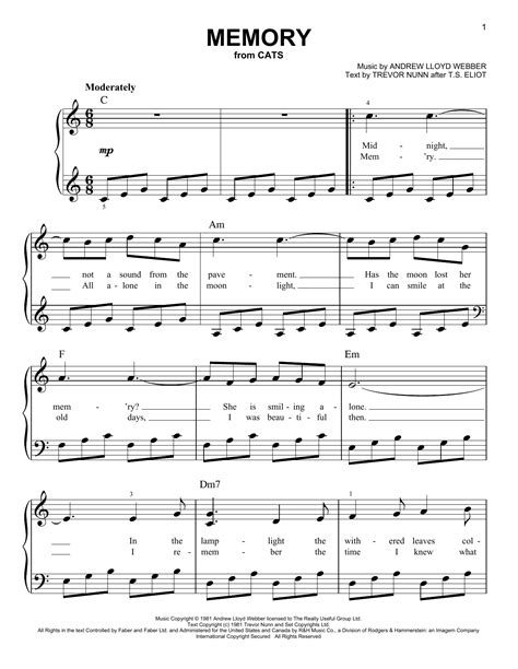 Memory (from Cats) by Andrew Lloyd Webber Sheet Music for Very Easy Piano at Sheet Music Direct