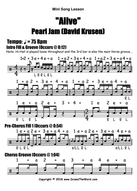 "Alive" (Pearl Jam) MINI SONG LESSON - Free Video Drum Lesson & PDF Chart (David Krusen ...