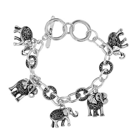 Silver Tone Adjustable Elephant Link Charm Bracelet w/ Crystal Accents – The Black Art Depot