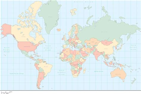 World Map - Multi Color with Countries in the Mercator Projection