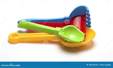 Colored Plastic Toys for the Sandbox on a White Background Stock Photo - Image of white ...