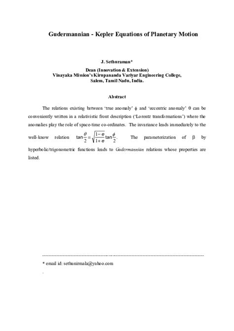 (PDF) Gudermannian Relations in Kepler's Planetary Motion Equations