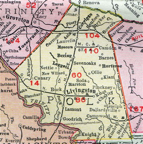 Polk County, Texas, Map, 1911, Livingston, Corrigan, Onalaska, Goodrich ...