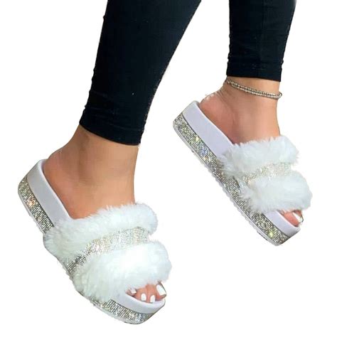 Womens Rhinestone Plush Slippers Faux Fur Slide On Sandals Flat Shoes ...