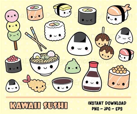 Sushi kawaii clipart set Cute sushi clip art Kawaii Onigiri | Etsy