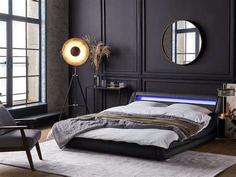 Faux Leather EU King Size Waterbed LED Black AVIGNON | Beliani.co.uk