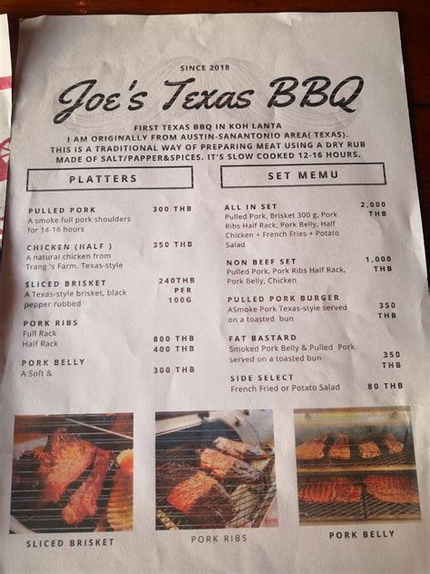 Menu at Joe’s Texas BBQ, Ko Lanta Yai