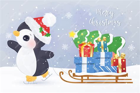 Premium Vector | Christmas greeting card with cute penguin