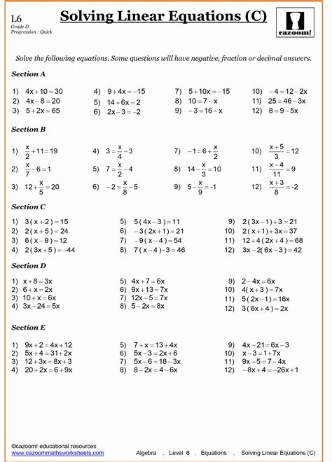 Grade 8 Math Linear Equations Worksheets