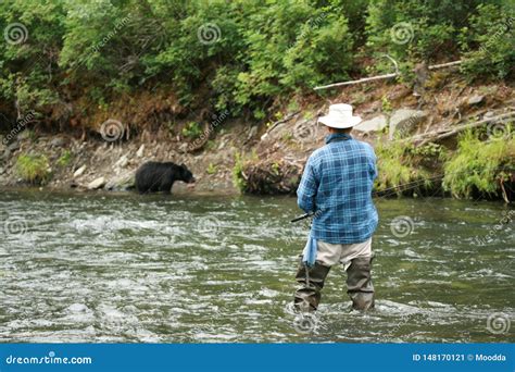 Alaskan Fisherman. Black Bear in Alaska. Russian River in Alaska. Editorial Photo - Image of ...