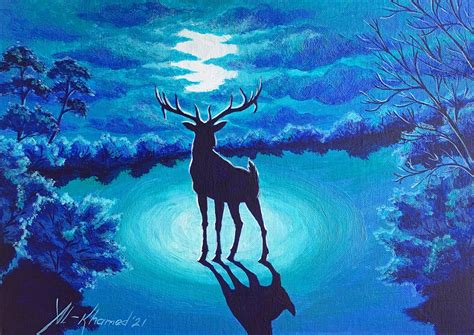 Moonlight Painting Deer Original Art Full Moon Wall Art Night | Etsy