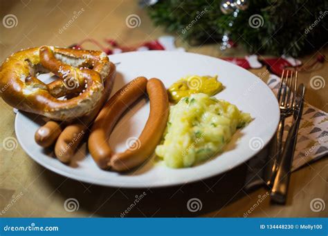 Traditional Christmas Dinner in Germany, Sausages and Potato Salad Stock Photo - Image of ...