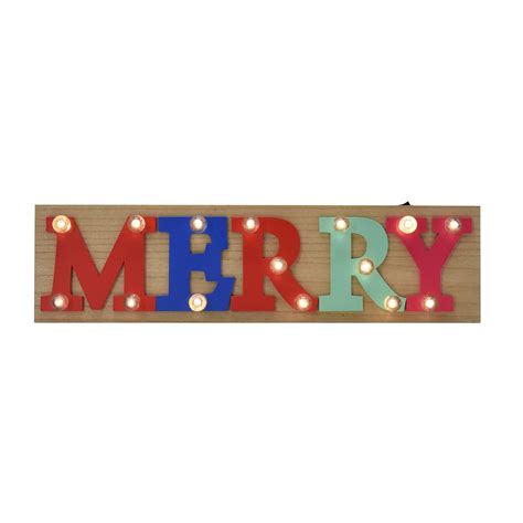 Holiday Time "Merry" Multicolor Light Up Wood Sign Decoration, 5" High ...