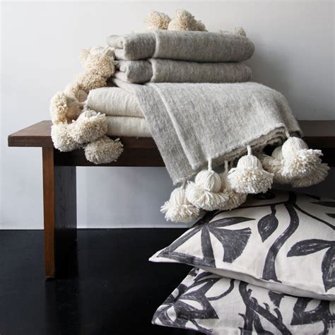 moroccan pom pom blankets solid natural white - l'aviva home