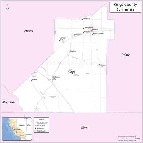 Map of Kings County, California showing cities, highways & important ...