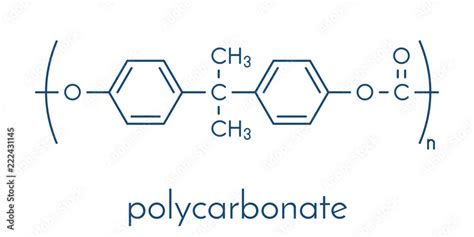 Polycarbonate (PC) plastic, chemical structure. Made from phosgene and bisphenol A. Skeletal ...