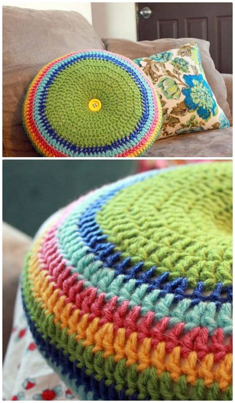 crocheted cushions and pillows are shown in three different colors, including green, blue, red ...