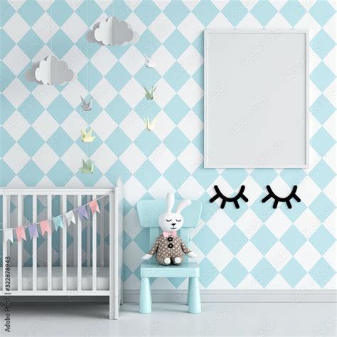 Blank photo frame for mockup in blue child room, 3D rendering Stock ...