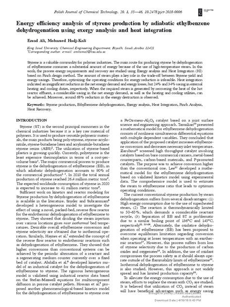 Energy Efficiency Analysis of Styrene Production B | PDF | Exergy | Chemical Reactor