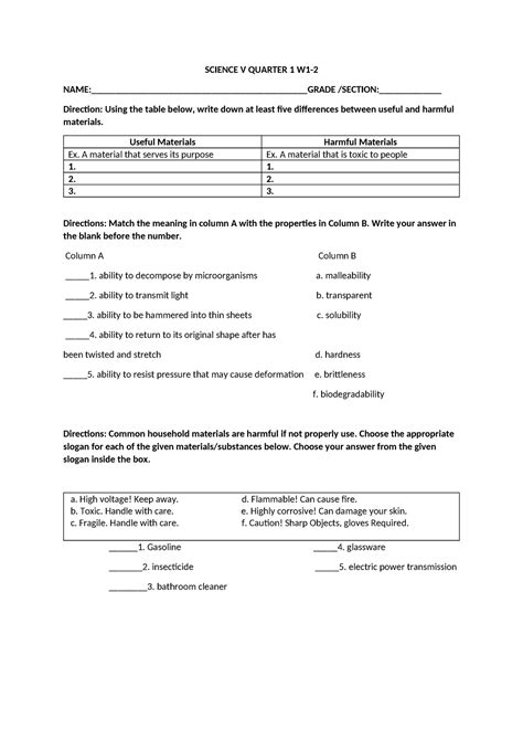 Science 5 Quarter 1 W1-2 - SCIENCE V QUARTER 1 W1- NAME:________________________________GRADE ...