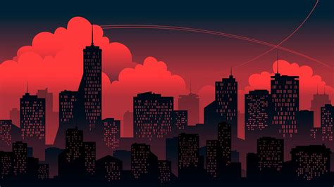 #Sunset #Red #Clouds #Minimalism The city #Building The building #Background #1080P #wallpaper ...