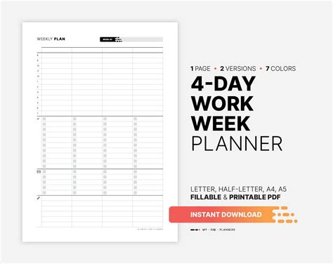 4-Day Work Week Planner, Printable Productivity Action Plan Tracker ...