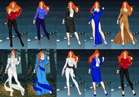 six different poses of the same woman in various outfits and hair, all ...