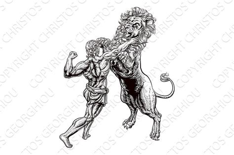 Hercules fighting the Nemean Lion as one of his twelve tasks or labors. From the ancient Greek ...