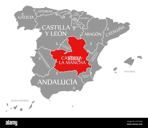 Castilla-La Mancha red highlighted in map of Spain Stock Photo - Alamy