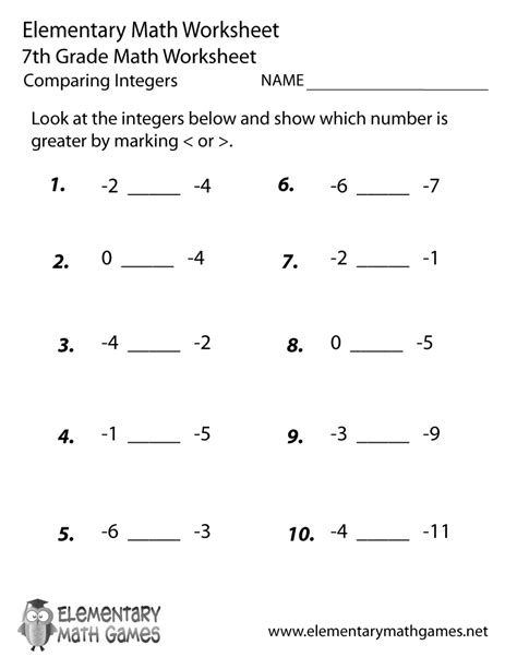 Seventh Grade Comparing Integers Worksheet