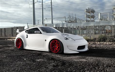 Download wallpapers Nissan 370Z, tuning, stance, red wheels, white 370Z, japanese cars, Nissan ...