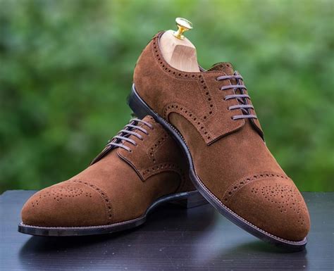 Handmade Brown Suede Lace Up Shoes, Men's Cap Toe Brogue Dress Shoes - Dress/Formal