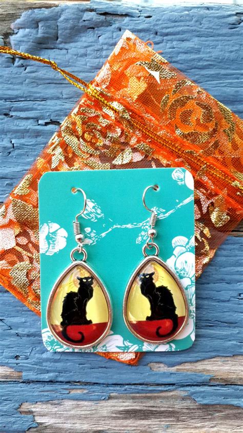 Chat Noir earrings Black cat earrings dangle French art | Etsy