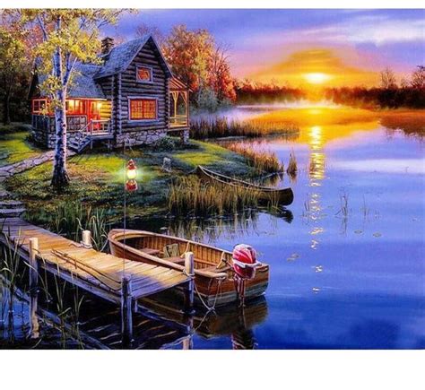 Landscape Paint by Number Kit, DIY Painting Cottage dock picture on ...